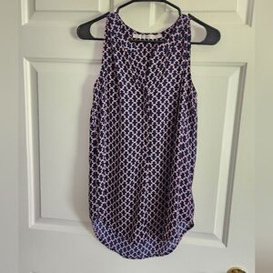 Gibson Printed Purple & Navy Sleeveless Henley Blouse